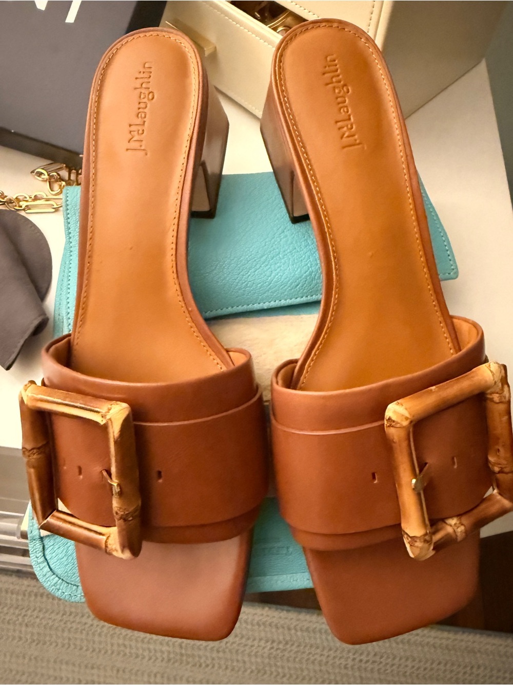 Leather Slide Mules with Bamboo Buckle - Brown